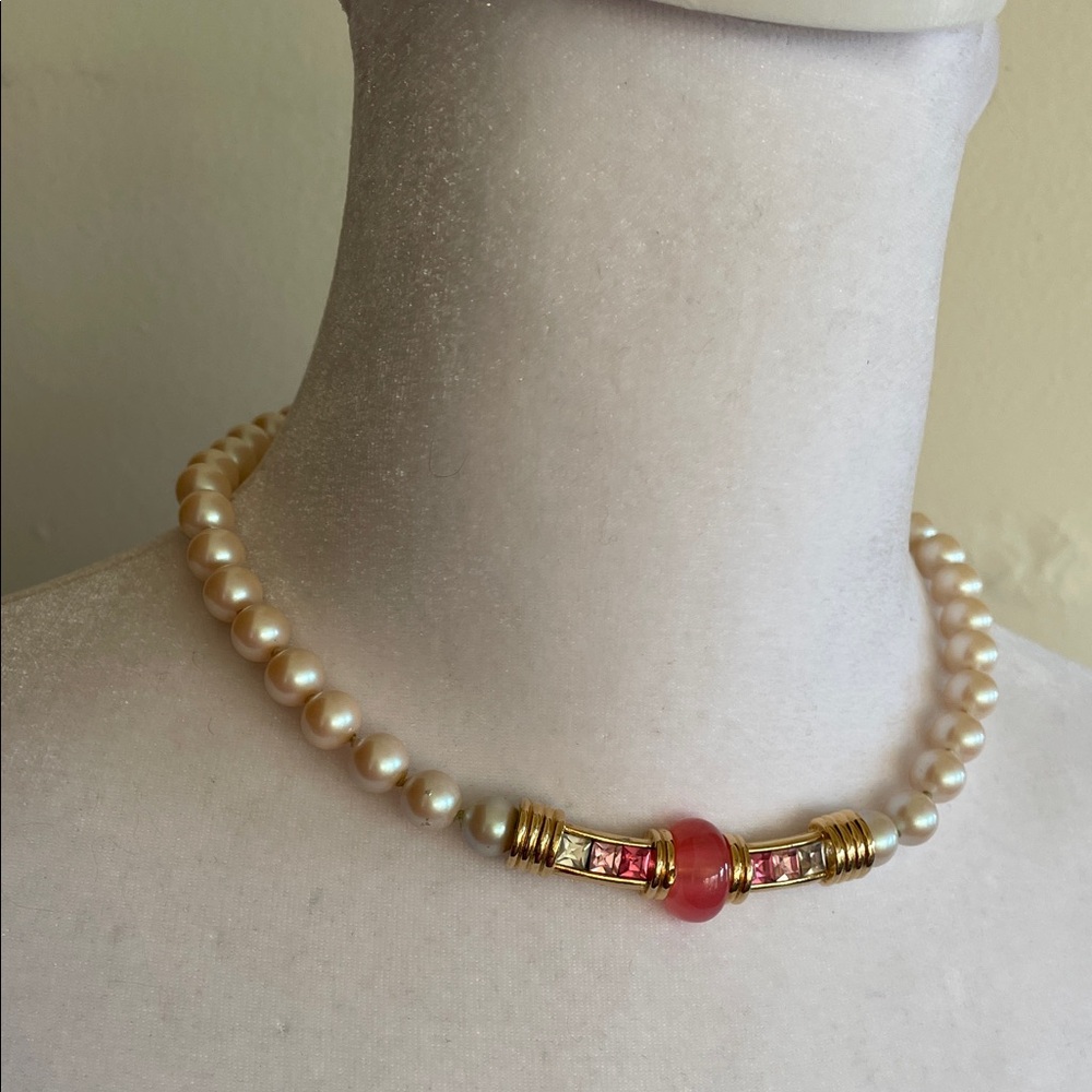 GIVENCHY Pearl Choker Necklace with Gold Pink Crystal Bead Accents Vintage